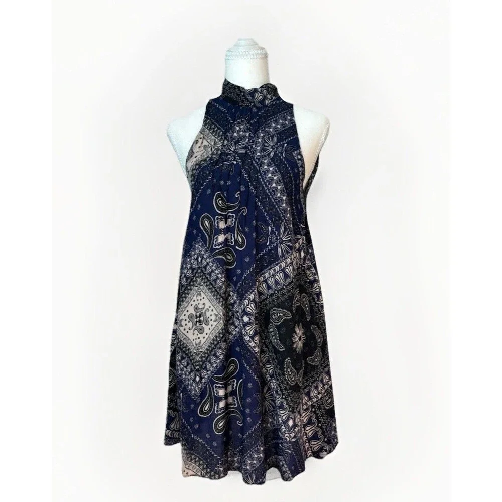 Free People Intimately Beaux Bandana Print Swing Dress Blue Open Back Mini Small